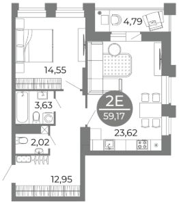 2-комн.кв., 59 м², этаж 6