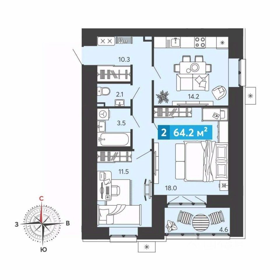 Купить двухкомнатную квартиру 64,2м² Пензенская область, Пензенский район,  Засечный сельсовет, Засечное село, Город Спутник микрорайон - база ЦИАН,  объявление 299724198