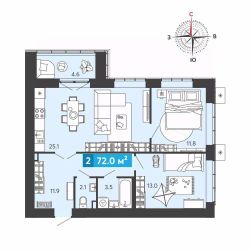 2-комн.кв., 72 м², этаж 16