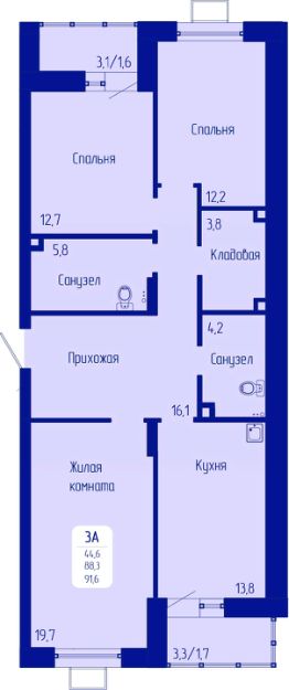 3-комн.кв., 92 м², этаж 3