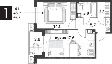 1-комн.кв., 48 м², этаж 6