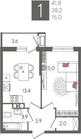 1-комн.кв., 42 м², этаж 8
