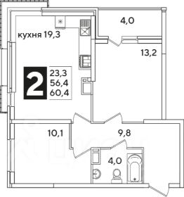 2-комн.кв., 60 м², этаж 15
