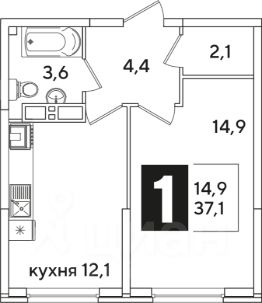1-комн.кв., 37 м², этаж 13