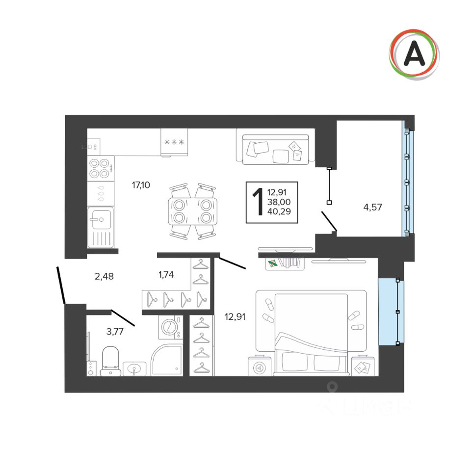 Продажа однокомнатной квартиры 40,3м² Советская ул., 122, Брянск, Брянская  область - база ЦИАН, объявление 299847226