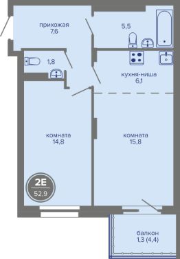 2-комн.кв., 53 м², этаж 9