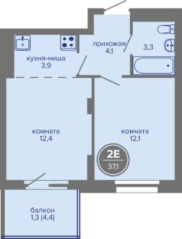 2-комн.кв., 37 м², этаж 12