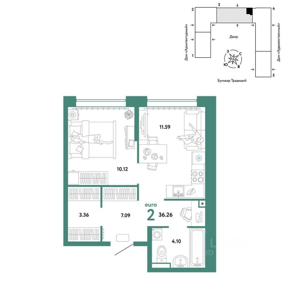 Купить двухкомнатную квартиру 36,3м² ул. Новоселов, 102, Тюмень, Тюменская  область - база ЦИАН, объявление 299248866