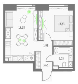 1-комн.кв., 45 м², этаж 35