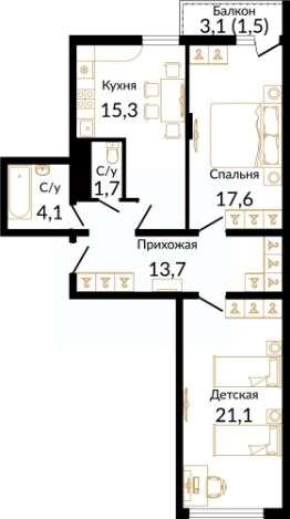 2-комн.кв., 75 м², этаж 2