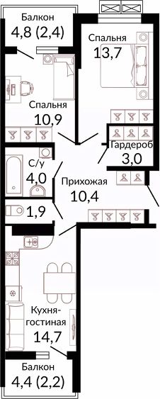 2-комн.кв., 63 м², этаж 2