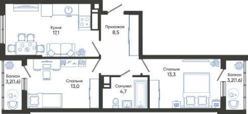 2-комн.кв., 60 м², этаж 19