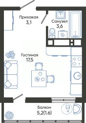 студия, 26 м², этаж 19