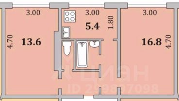 2-комн.кв., 42 м², этаж 1