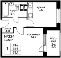 1-комн.кв., 35 м², этаж 21