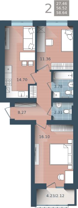 2-комн.кв., 59 м², этаж 2