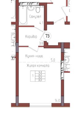 1-комн.кв., 27 м², этаж 1