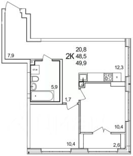2-комн.кв., 50 м², этаж 2