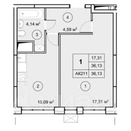 1-комн.кв., 36 м², этаж 9