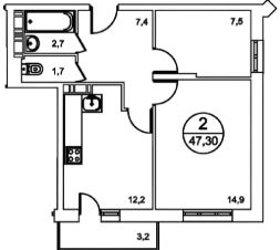 2-комн.кв., 47 м², этаж 7