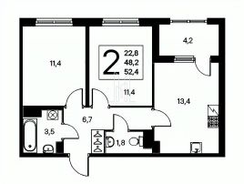 2-комн.кв., 52 м², этаж 4