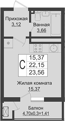 студия, 22 м², этаж 7