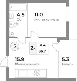 2-комн.апарт., 37 м², этаж 1