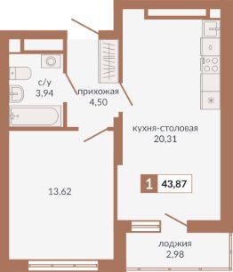 1-комн.кв., 44 м², этаж 20