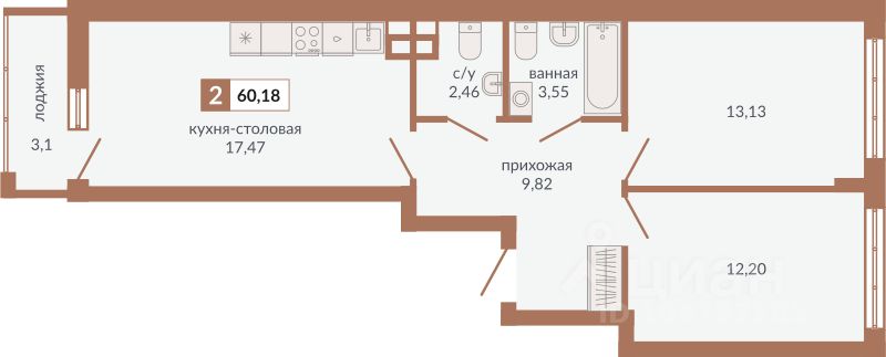 Продается2-комн.квартира,60,18м²