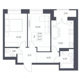 2-комн.кв., 58 м², этаж 5