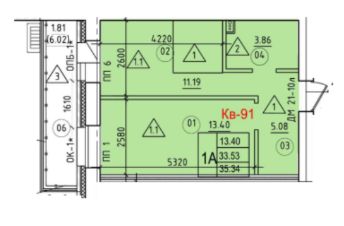 1-комн.кв., 35 м², этаж 1