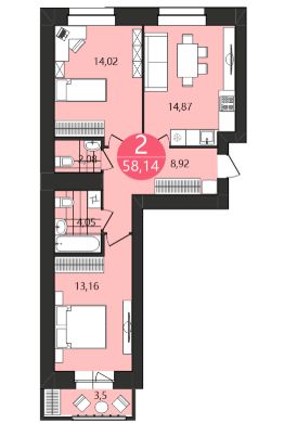 2-комн.кв., 58 м², этаж 2