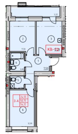 2-комн.кв., 54 м², этаж 9