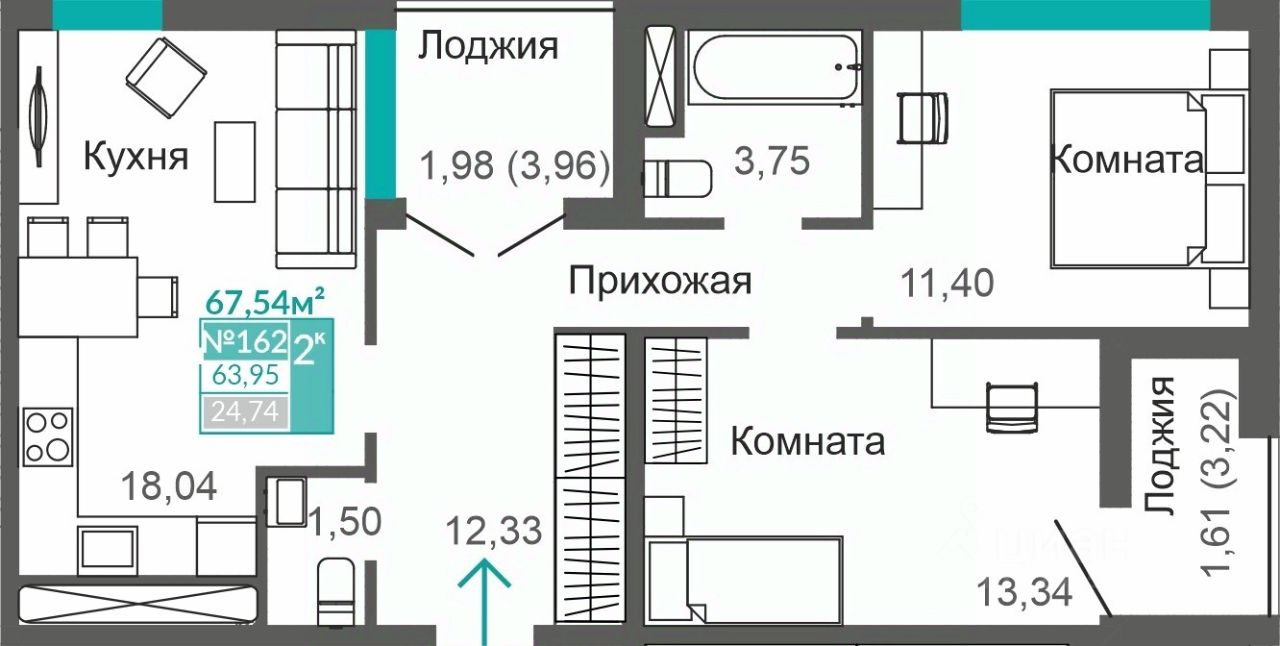 Продаю двухкомнатную квартиру 64м² Симферополь, Крым респ., Крымская роза  микрорайон, Абрикос жилой комплекс - база ЦИАН, объявление 300155102