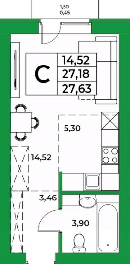 1-комн.кв., 28 м², этаж 5