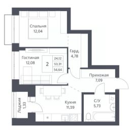 2-комн.кв., 53 м², этаж 15