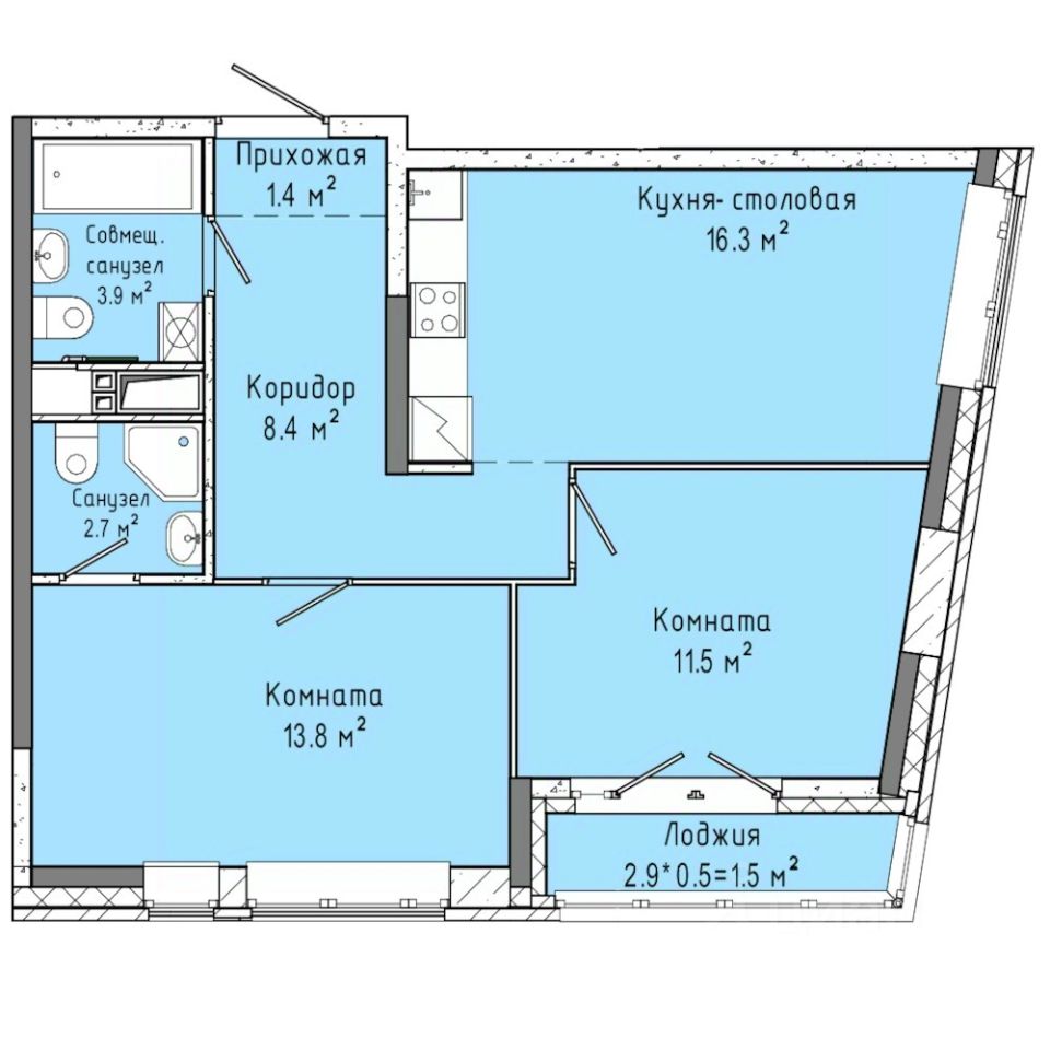 2-комн.кв., 59,5 м², 3/16 этаж