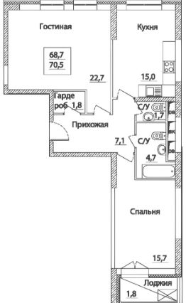 2-комн.кв., 70 м², этаж 19