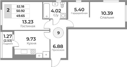 2-комн.кв., 51 м², этаж 4