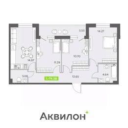 3-комн.кв., 74 м², этаж 1