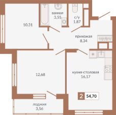 2-комн.кв., 55 м², этаж 12