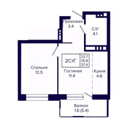 2-комн.кв., 37 м², этаж 21