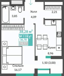 1-комн.кв., 37 м², этаж 9