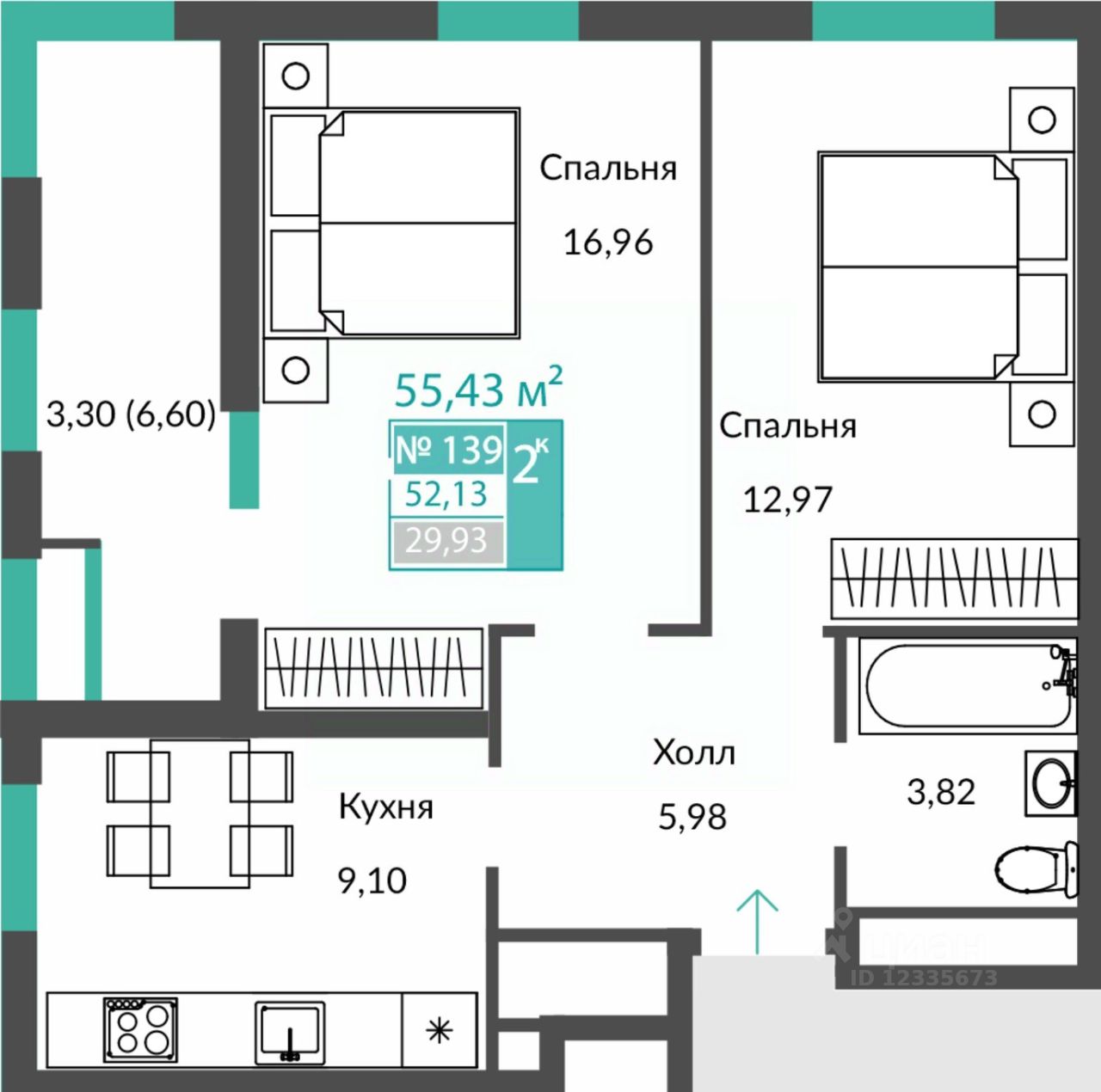 Продаю двухкомнатную квартиру 52,1м² Крым респ., Симферопольский район,  Чистенькое село - база ЦИАН, объявление 300426887