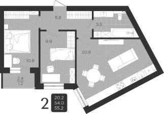 2-комн.кв., 54 м², этаж 4