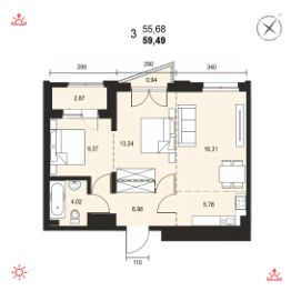 3-комн.кв., 59 м², этаж 12