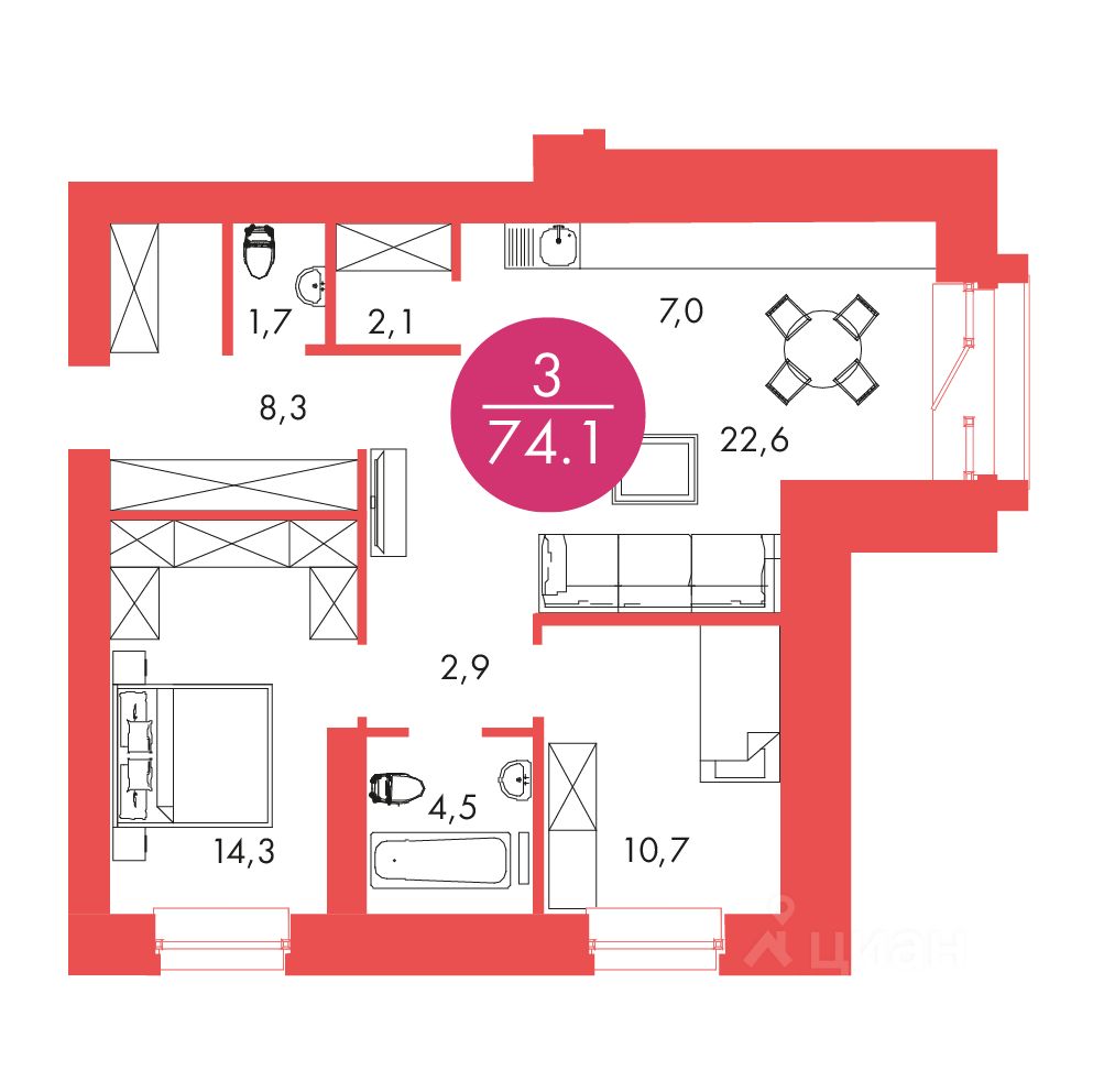 Продаю трехкомнатную квартиру 74,1м² ул. Шахтеров, 33А, Красноярск,  Красноярский край - база ЦИАН, объявление 300464663