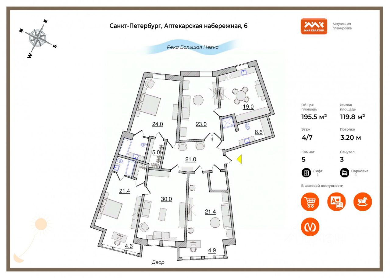 Купить квартиру на набережной Аптекарская дом 6 в Санкт-Петербурге, продажа  жилой недвижимости на Циан. Найдено 1 объявление