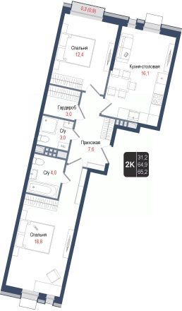 2-комн.кв., 65 м², этаж 2