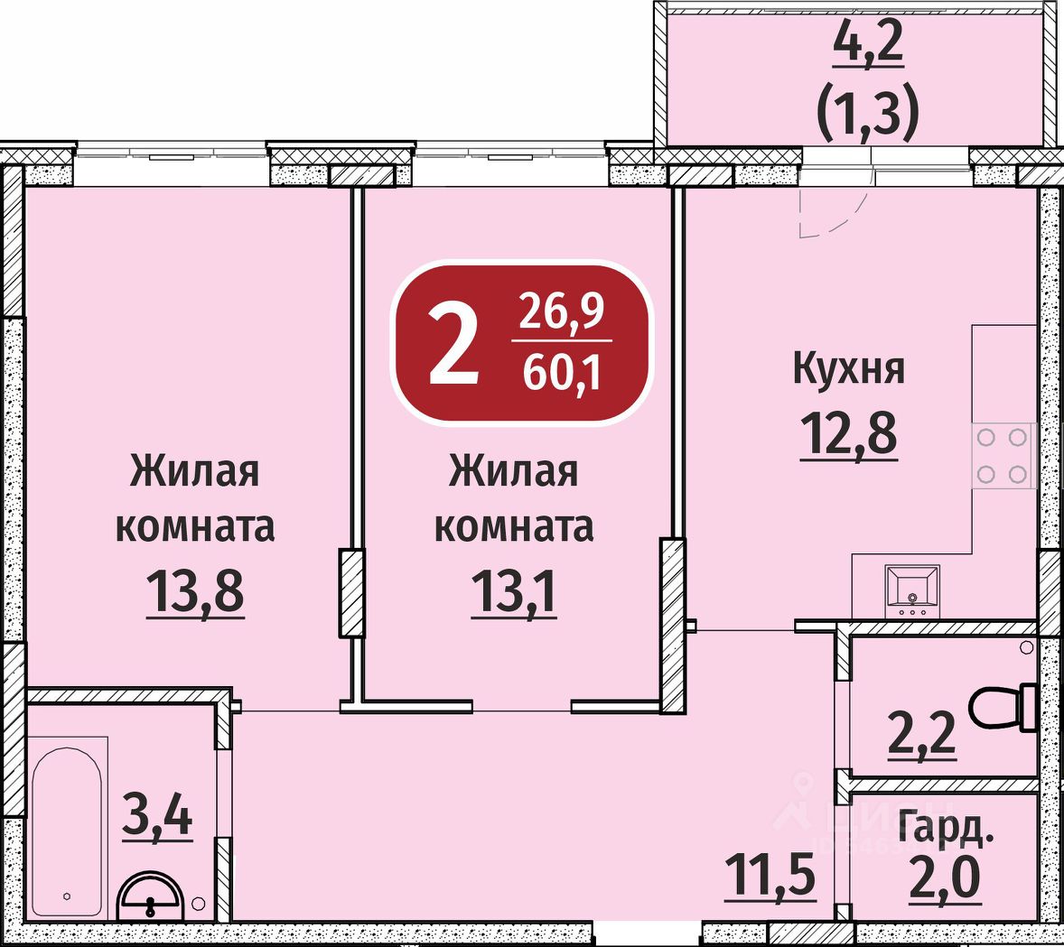 Продажа двухкомнатной квартиры 60,1м² Гражданская ул., поз4, Чебоксары,  Чувашская респ. - база ЦИАН, объявление 300602179